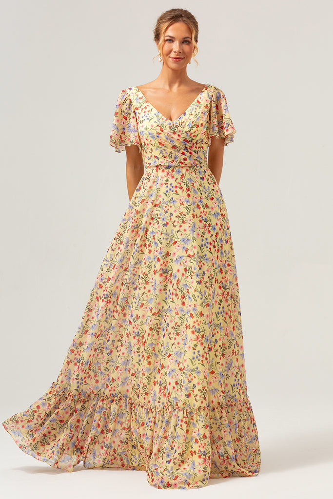 Wedtrend Women Yellow Flower Printed Bridesmaid Dress with Short