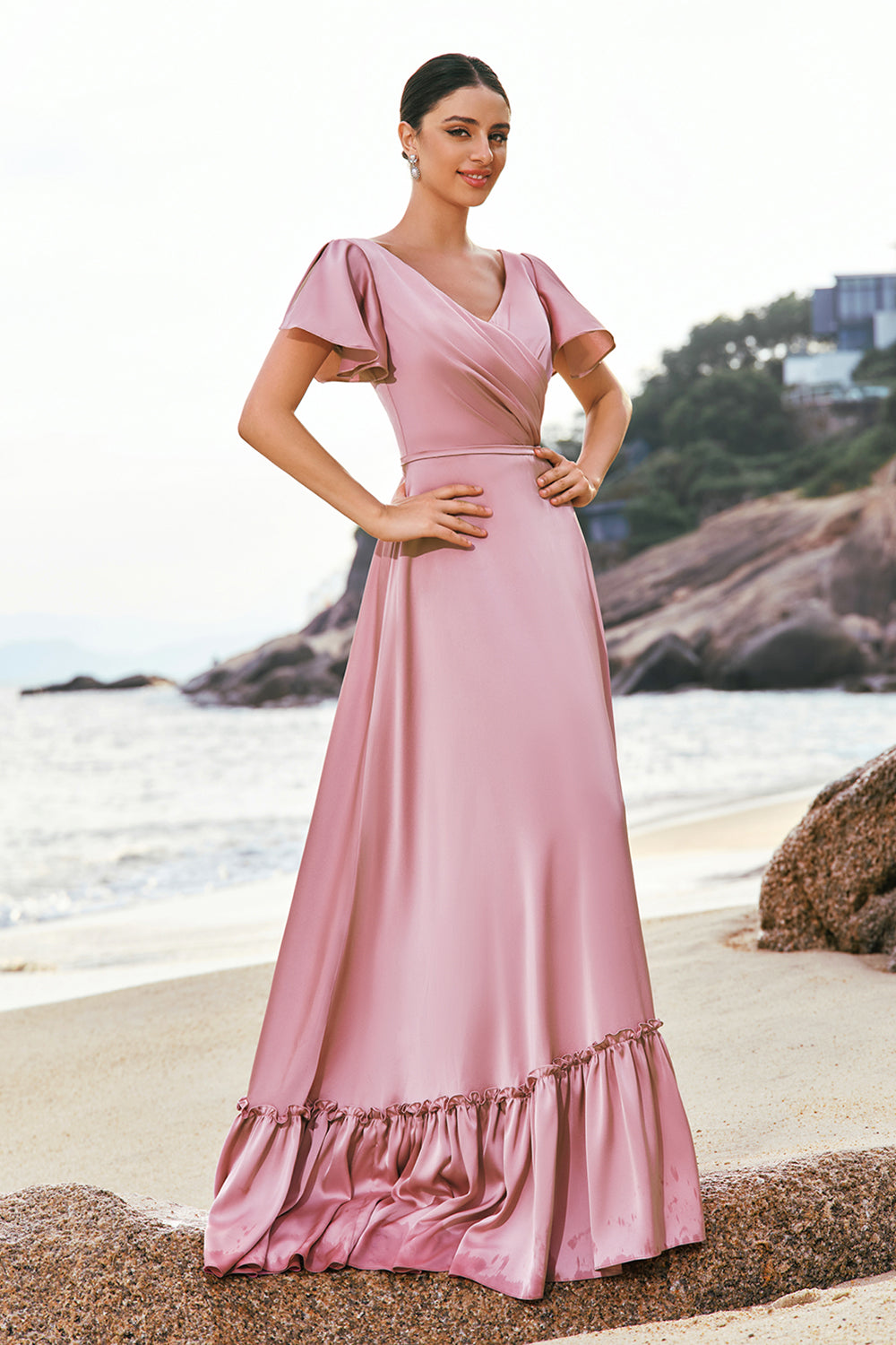 Wedtrend Women Blush Pink Ruffle Sleeves Long Satin Bridesmaid Dress A-Line V Neck Wedding Guest Dress WEDTREND Wedtrend Women Blush Pink Ruffle Sleeves Long Satin Bridesmaid Dress A-Line V Neck Wedding Guest Dress WEDTREND