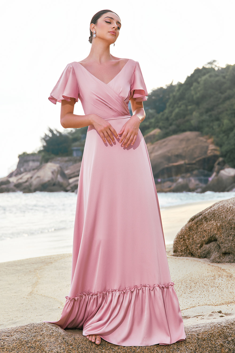 pink ruffle bridesmaid dress Tiered Ruffles A-line Print Chiffon Bridesmaid Dress