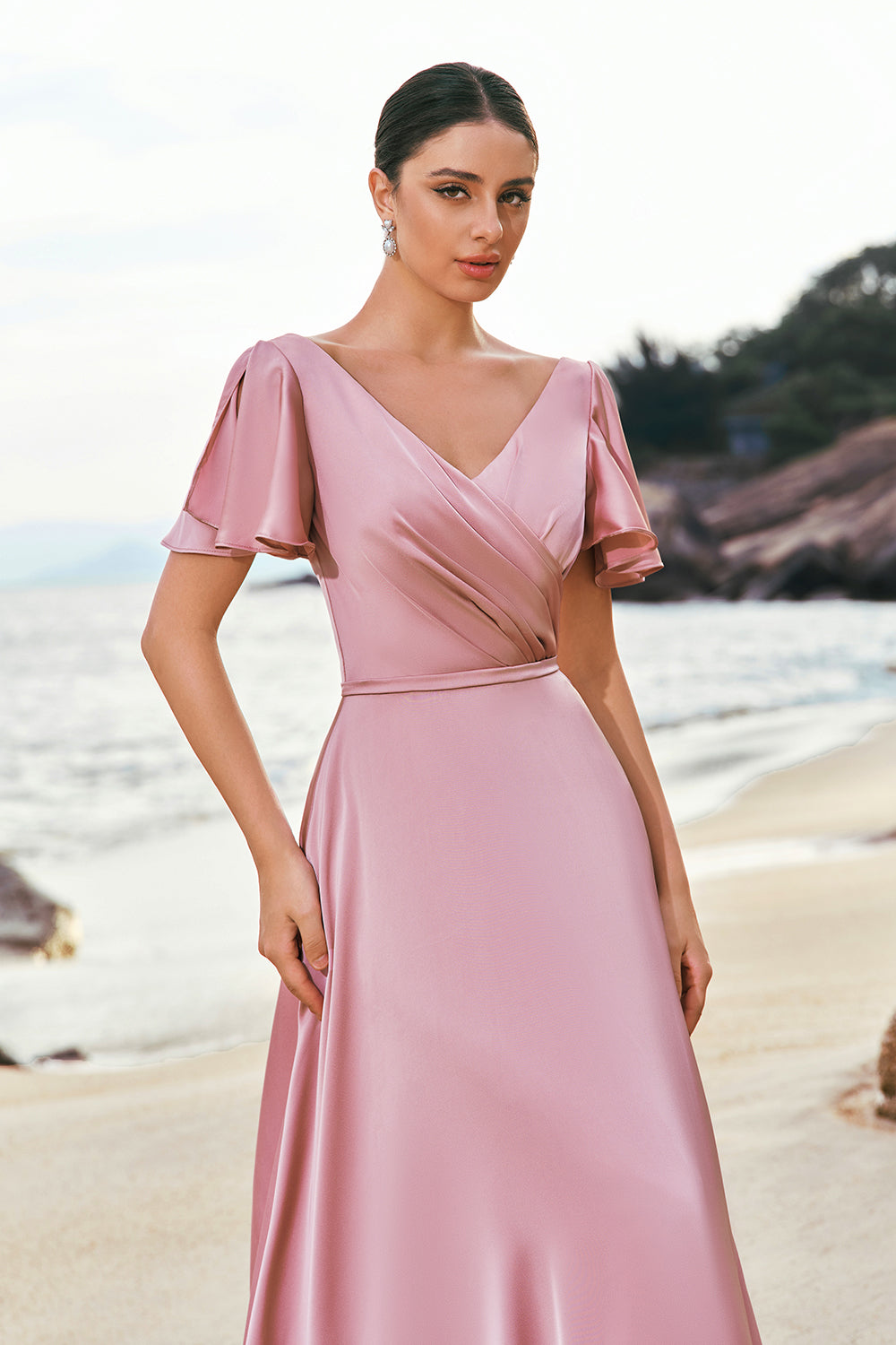 Wedtrend Women Blush Pink Ruffle Sleeves Long Satin Bridesmaid Dress A-Line V Neck Wedding Guest Dress WEDTREND Wedtrend Women Blush Pink Ruffle Sleeves Long Satin Bridesmaid Dress A-Line V Neck Wedding Guest Dress WEDTREND