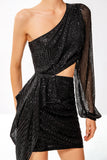 Champagne One Shoulder Hollow Out Tight Short Cocktail Dress with Long Sleeves