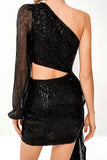 Champagne One Shoulder Hollow Out Tight Short Cocktail Dress with Long Sleeves