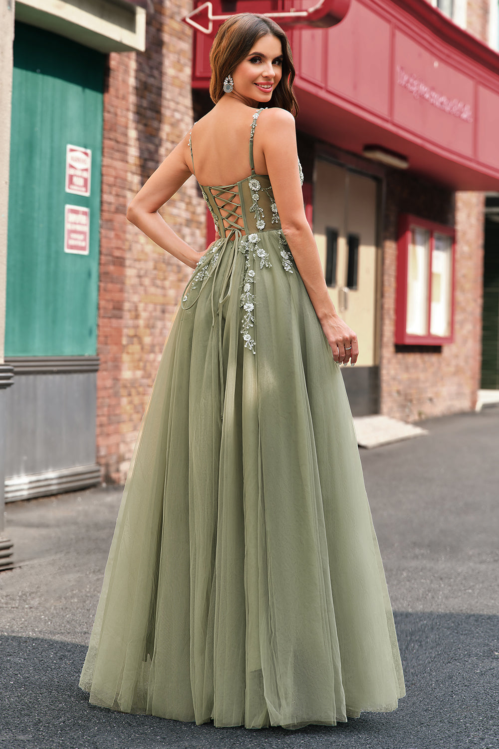 Wedtrend Women Green Tulle Long Prom Dress with Appliques Spaghetti Straps A Line Corset Evening Dress WEDTREND Wedtrend Women Green Tulle Long Prom Dress with Appliques Spaghetti Straps A Line Corset Evening Dress WEDTREND