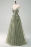 Sparkly Green A Line Spaghetti Straps Tulle Corset Long Prom Dress with Appliques