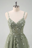 Sparkly Green A Line Spaghetti Straps Tulle Corset Long Prom Dress with Appliques