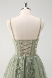 Sparkly Green A Line Spaghetti Straps Tulle Corset Long Prom Dress with Appliques