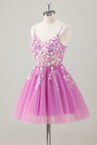Fuchsia A Line Spaghetti Straps Short Prom Dress Pleated with Sequins Appliqued