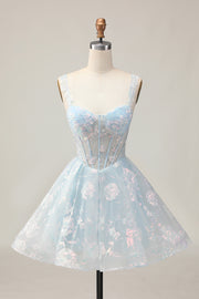 Sparkly Light Blue A-Line Floral Corset Short Homecoming Dress with Sequins