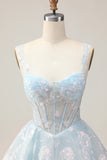 Sparkly Light Blue A-Line Floral Corset Short Homecoming Dress with Sequins