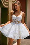 Corset White A-Line Floral Short Homecoming Dress with Sequins
