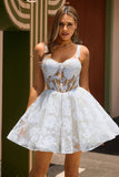 Corset White A-Line Floral Short Homecoming Dress with Sequins