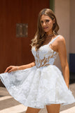 Corset White A-Line Floral Short Homecoming Dress with Sequins