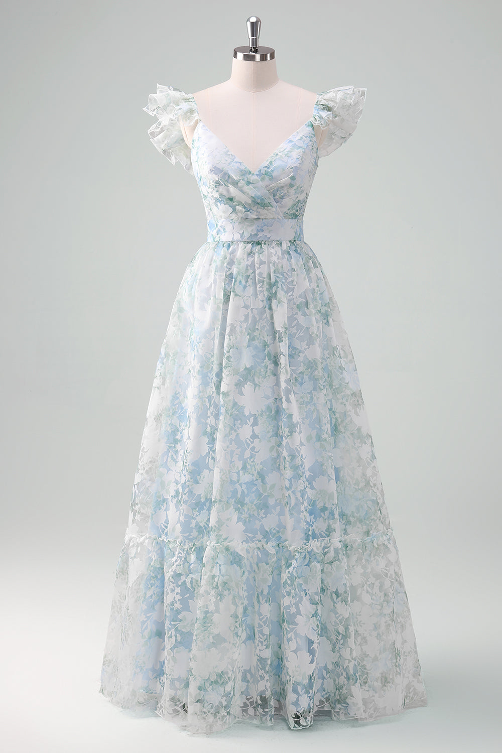 Wedtrend Women Light Blue Prom Dress Cap Sleeves Flower Printed A-Line V-neck Long Formal Dress WEDTREND Wedtrend Women Light Blue Prom Dress Cap Sleeves Flower Printed A-Line V-neck Long Formal Dress WEDTREND