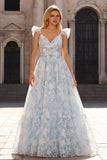 Light Blue Flower Ball-Gown Printed Cap Sleeves Long Prom Dress