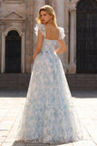 Light Blue Flower Ball-Gown Printed Cap Sleeves Long Prom Dress