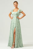 Grey Green A-Line Square Neck Floral Long Bridesmaid Dress with Slit