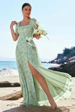 Dusty Sage A-Line Square Neck Floor Length Print Floral Bridesmaid Dress with Slit