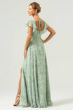 Grey Green A-Line Square Neck Floral Long Bridesmaid Dress with Slit