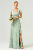 Grey Green A-Line Square Neck Floral Long Bridesmaid Dress with Slit