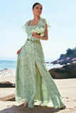 Dusty Sage A-Line Square Neck Floor Length Print Floral Bridesmaid Dress with Slit