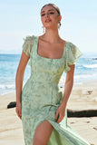 Dusty Sage A-Line Square Neck Floor Length Print Floral Bridesmaid Dress with Slit