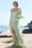 Dusty Sage A-Line Square Neck Floor Length Print Floral Bridesmaid Dress with Slit