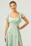 Grey Green A-Line Square Neck Floral Long Bridesmaid Dress with Slit