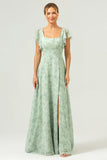 Dusty Sage A-Line Square Neck Floor Length Print Bridesmaid Dress with Slit