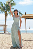 Dusty Sage A-Line Square Neck Floor Length Print Floral Bridesmaid Dress with Slit