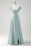 Grey Green A-Line Square Neck Floral Long Bridesmaid Dress with Slit