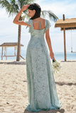 Dusty Sage A-Line Square Neck Floor Length Print Floral Bridesmaid Dress with Slit