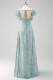 Grey Green A-Line Square Neck Floral Long Bridesmaid Dress with Slit