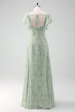 Grey Green A Line Square Neck Long Floral Bridesmaid Dress with Slit