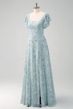 Grey Green A Line Square Neck Long Floral Bridesmaid Dress with Slit