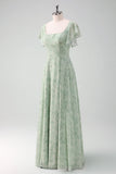 Grey Green A Line Square Neck Long Floral Bridesmaid Dress with Slit