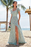 Dusty Sage A-Line Square Neck Floor Length Print Floral Bridesmaid Dress with Slit