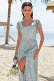 Dusty Sage A-Line Square Neck Floor Length Print Floral Bridesmaid Dress with Slit