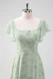 Grey Green A Line Square Neck Long Floral Bridesmaid Dress with Slit