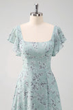 Grey Green A Line Square Neck Long Floral Bridesmaid Dress with Slit