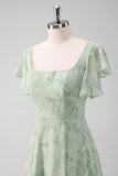 Grey Green A Line Square Neck Long Floral Bridesmaid Dress with Slit