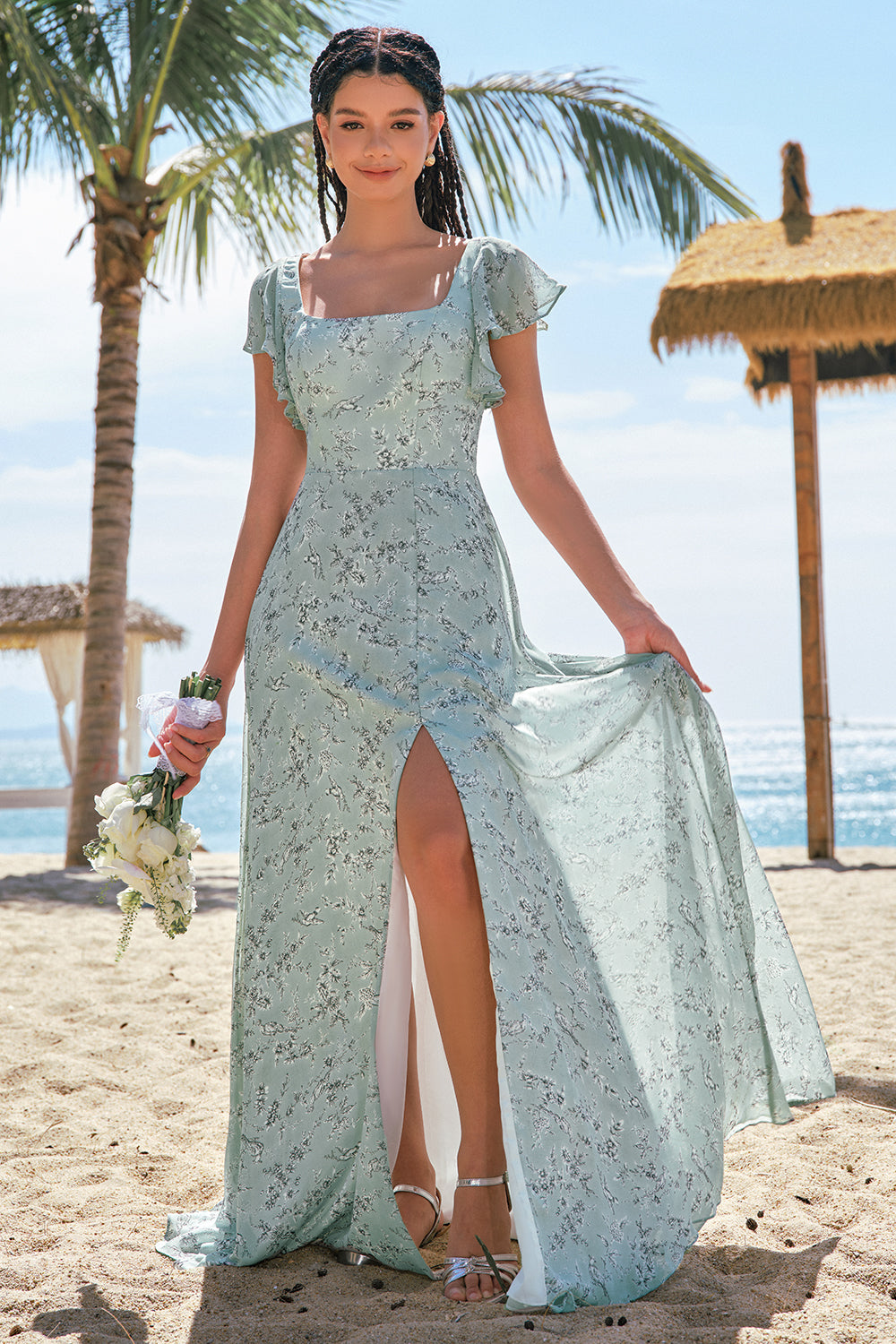 Wedtrend Women Dusty Sage Floor Length Bridesmaid Dress with Slit A-Line Square Neck Print Floral Wedding Guest Dress WEDTREND Wedtrend Women Dusty Sage Floor Length Bridesmaid Dress with Slit A-Line Square Neck Print Floral Wedding Guest Dress WEDTREND