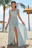 Dusty Sage A-Line Square Neck Floor Length Print Floral Bridesmaid Dress with Slit