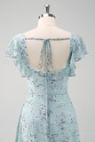 Grey Green A Line Square Neck Long Floral Bridesmaid Dress with Slit