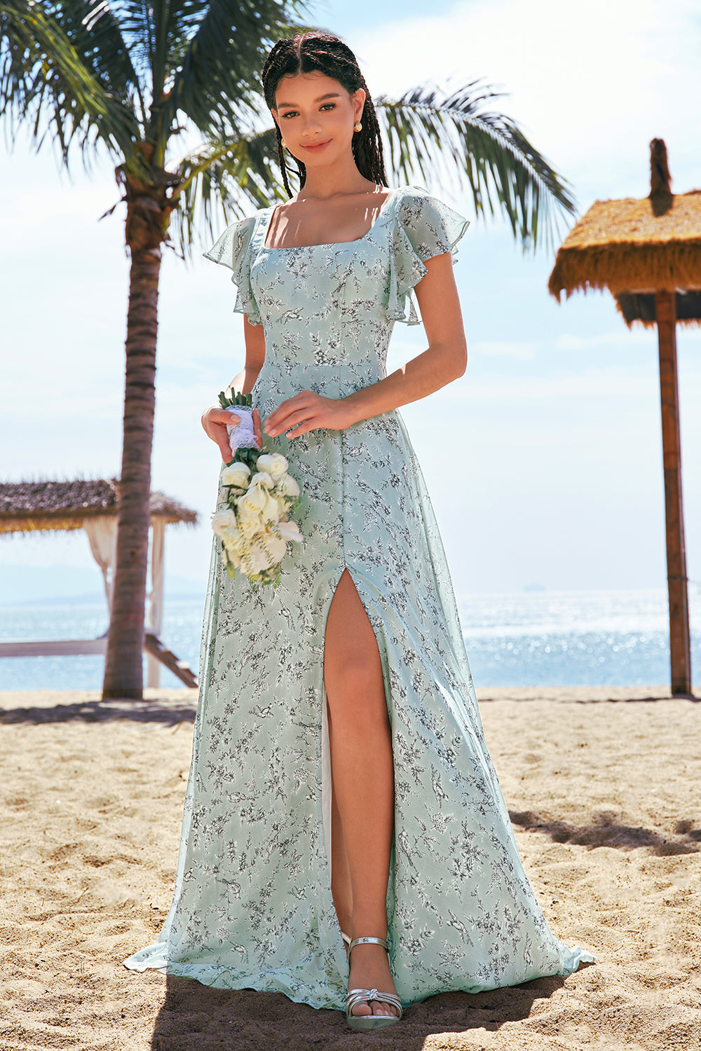 Wedtrend Women Dusty Sage Bridesmaid Dress with Slit A-Line Square Neck Long Floral Wedding Guest Dress WEDTREND Wedtrend Women Dusty Sage Bridesmaid Dress with Slit A-Line Square Neck Long Floral Wedding Guest Dress WEDTREND