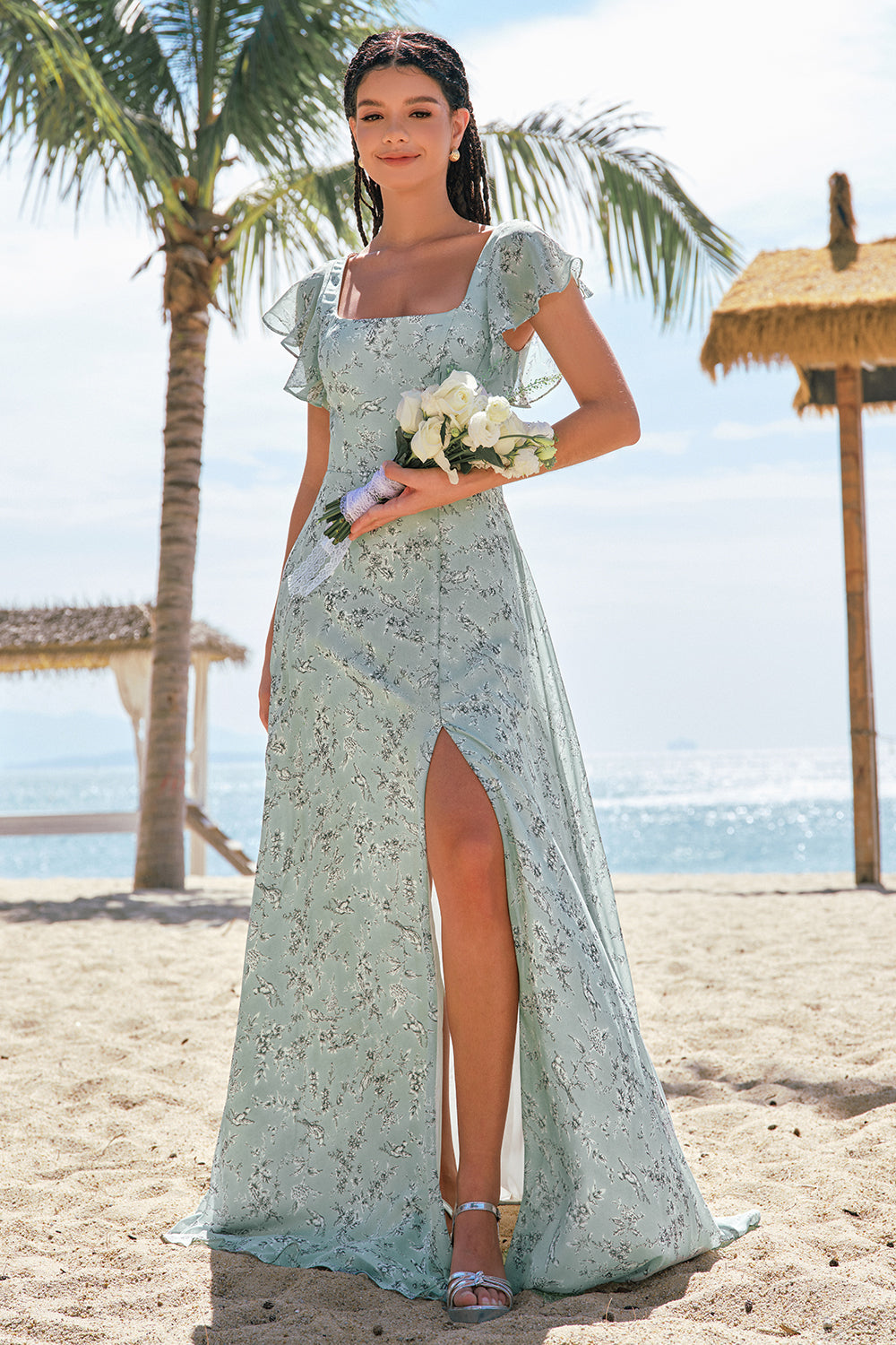 Wedtrend Women Dusty Sage Floor Length Bridesmaid Dress with Slit A-Line Square Neck Print Floral Wedding Guest Dress WEDTREND Wedtrend Women Dusty Sage Floor Length Bridesmaid Dress with Slit A-Line Square Neck Print Floral Wedding Guest Dress WEDTREND