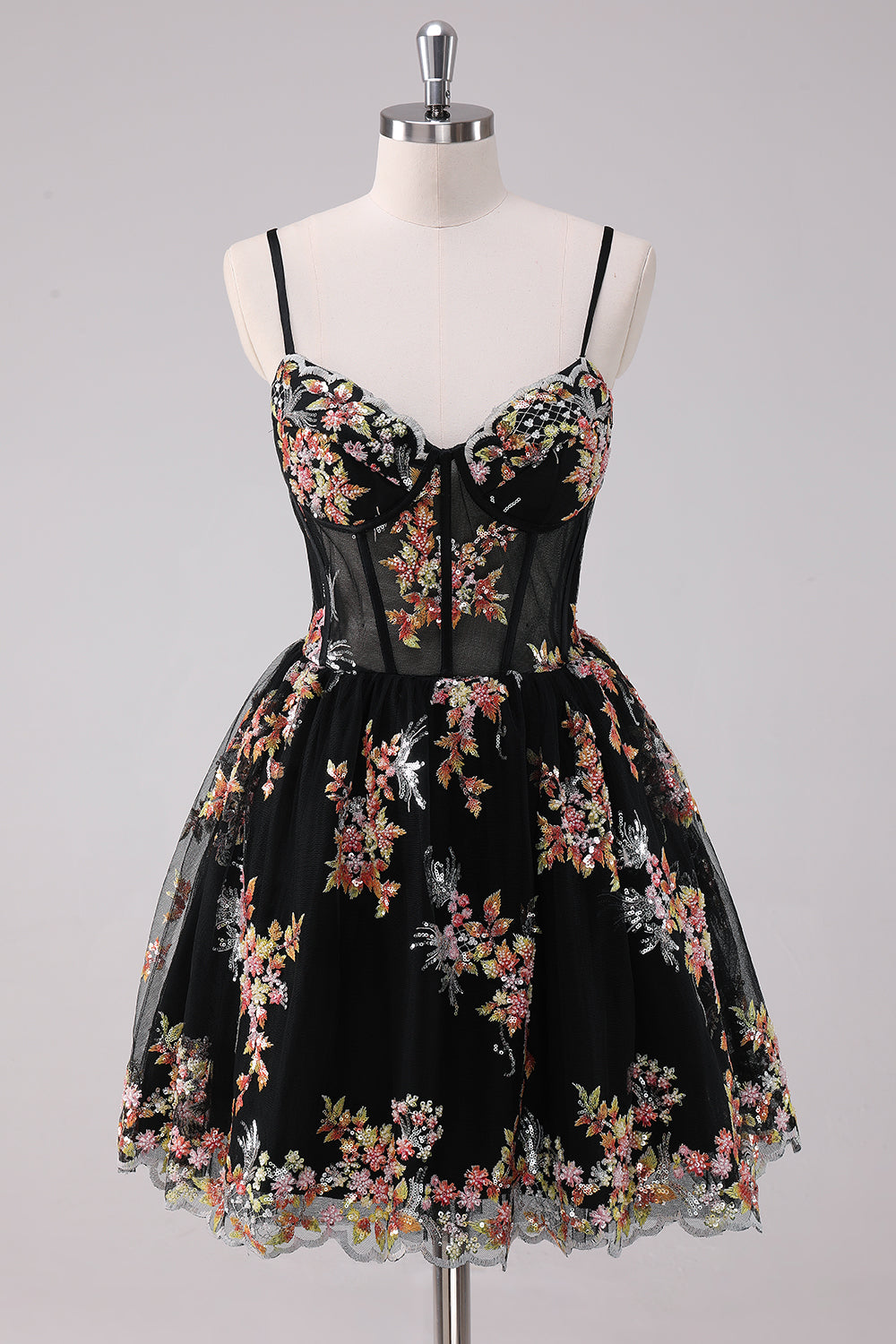 Wedtrend Women Sparkly Black Floral Homecoming Dress A Line Spaghetti Straps Corset Short Cocktail Dress WEDTREND Wedtrend Women Sparkly Black Floral Homecoming Dress A Line Spaghetti Straps Corset Short Cocktail Dress WEDTREND