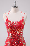 Glitter Red Bodycon Spaghetti Straps Sequins Short Homecoming Dress