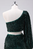 Sparkly Fringed Dark Green One Shoulder Short Homecoming Dress