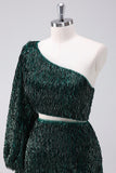 Sparkly Fringed Dark Green One Shoulder Short Homecoming Dress
