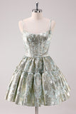 Light Green A Line Short Corset Brocade Homecoming Dress with Lace Up Back